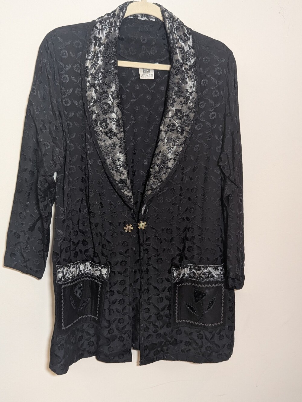 USINDO Black Floral Jacquard Jacket M Lace Beaded Art to Wear Boho Whimsigoth